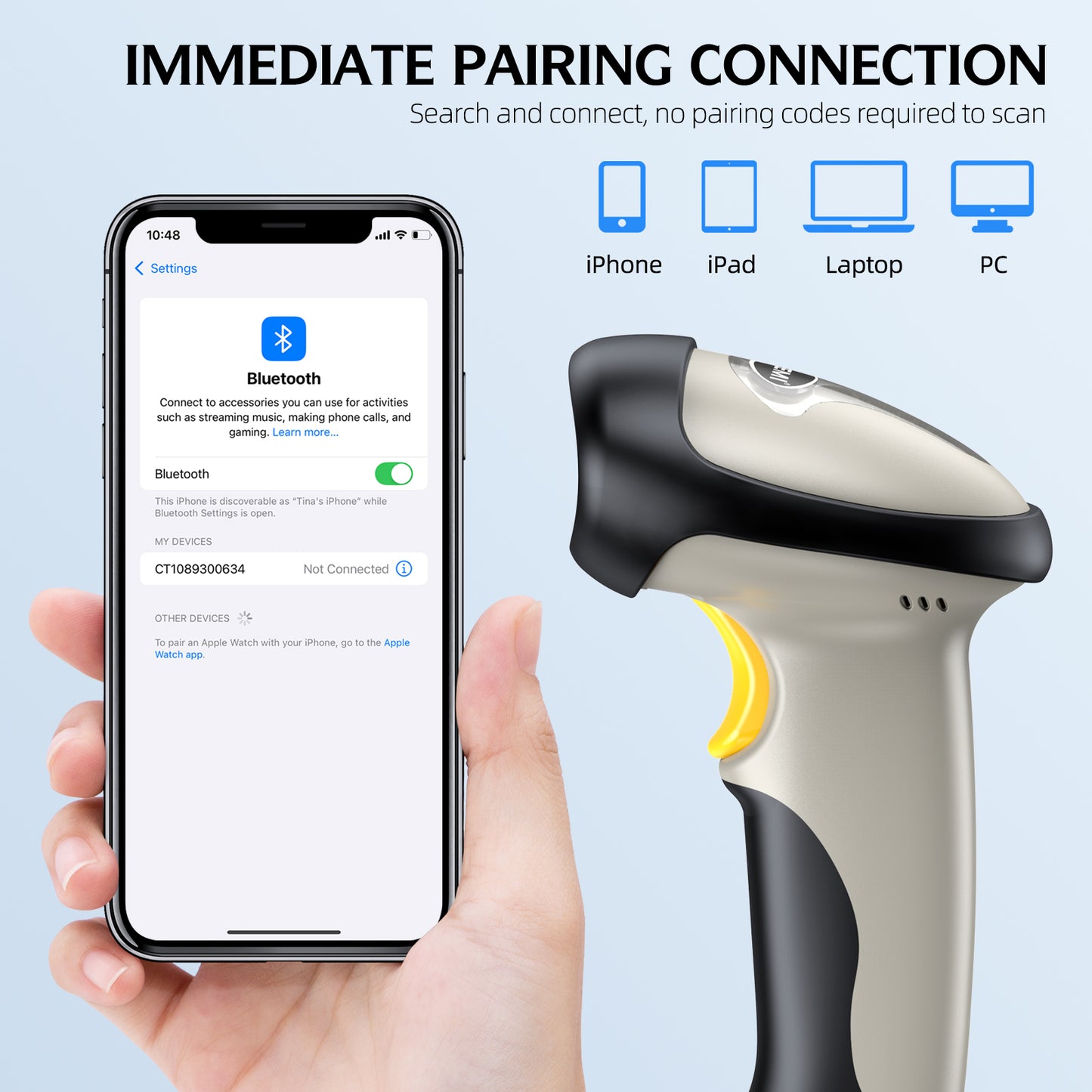 TEEMI TMCT-10 Bluetooth Barcode Scanner 1d Laser Handheld Automatic Bar Code Reader for iPhone iPad Android Tablet PC, Mac OS X, Android, Windows and iOS