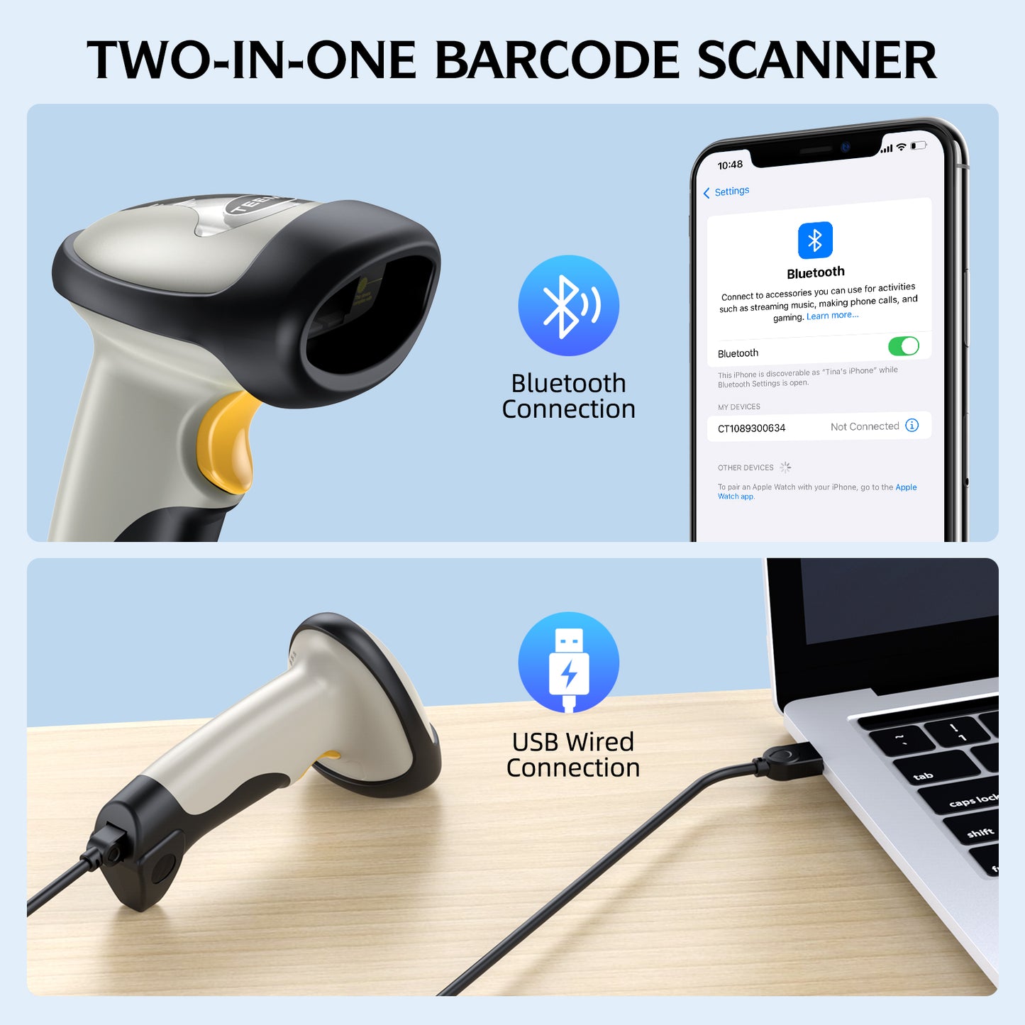 TEEMI TMCT-10 Bluetooth Barcode Scanner 1d Laser Handheld Automatic Bar Code Reader for iPhone iPad Android Tablet PC, Mac OS X, Android, Windows and iOS