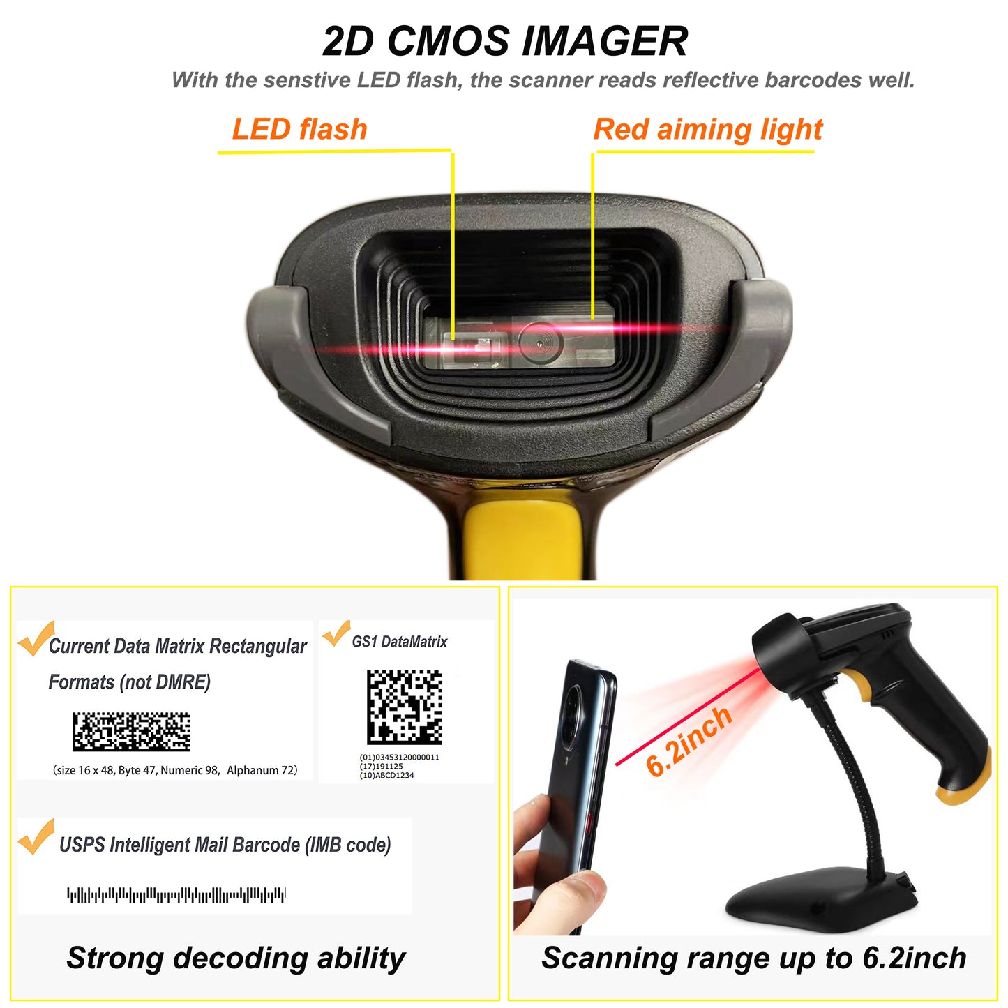 TEEMI T22N-AU 2D Barcode Scanner USB Wired Handheld Automatic QR Data Matrix PDF417 bar Codes Imager for Mobile Payment Computer Screen Scan (Stand Included)