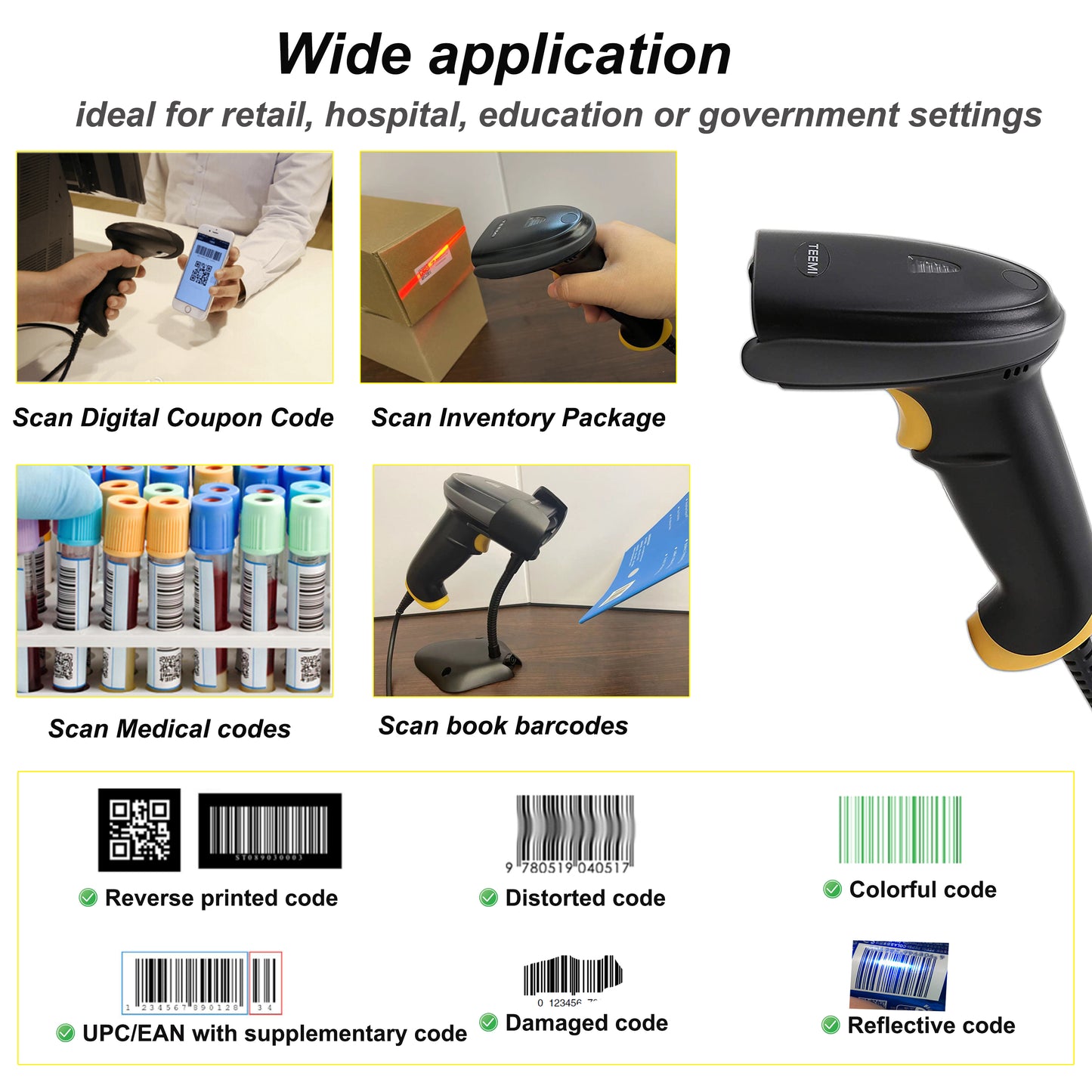 TEEMI T22N-AU with Stand 2D Barcode Scanner USB Wired Handheld Automatic QR Data Matrix PDF417 bar Codes Imager for Mobile Payment Computer Screen Scan (Stand Included)