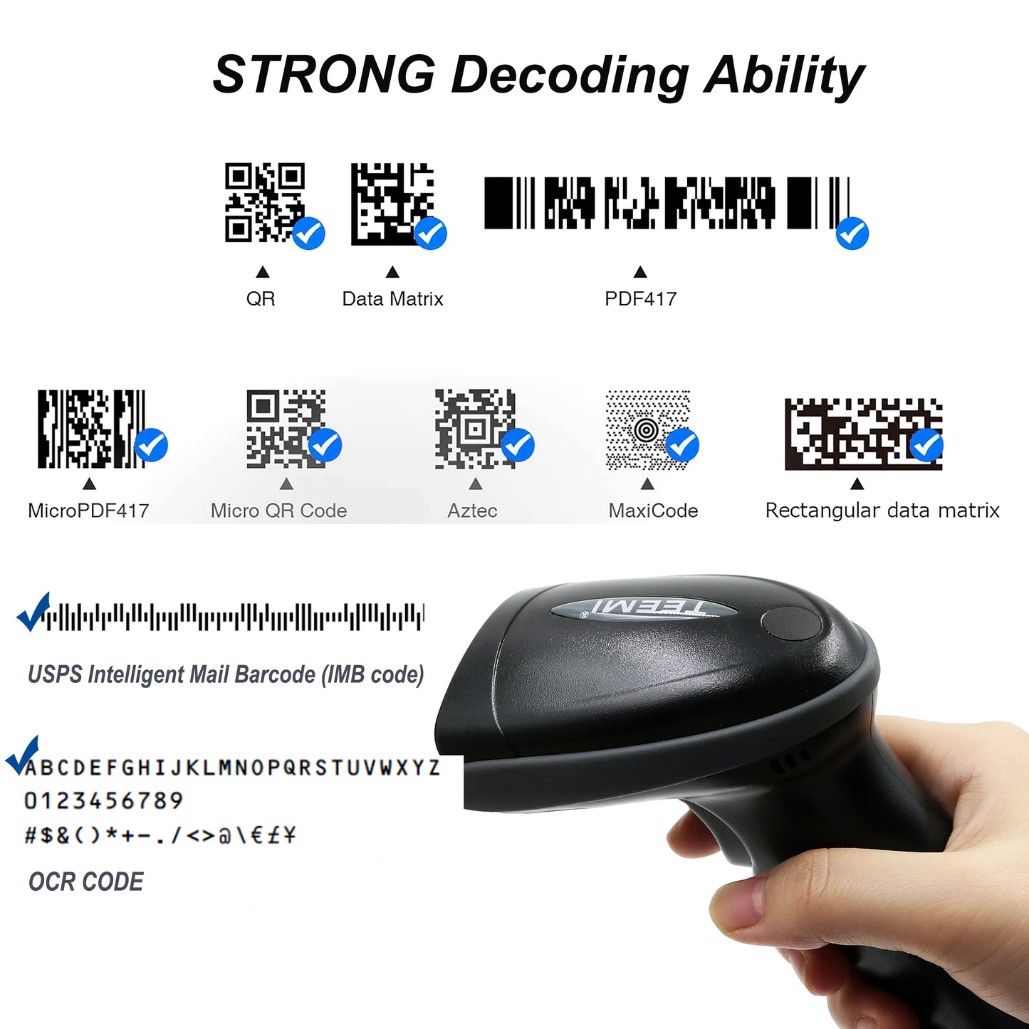 TEEMI TMSL-53 2D Bluetooth Barcode Scanner Standalone Reader QR PDF417 Datamatrix Handsfree Automatic Scanning with Tool-Free Battery Replacing Feature (NO CRADLE)