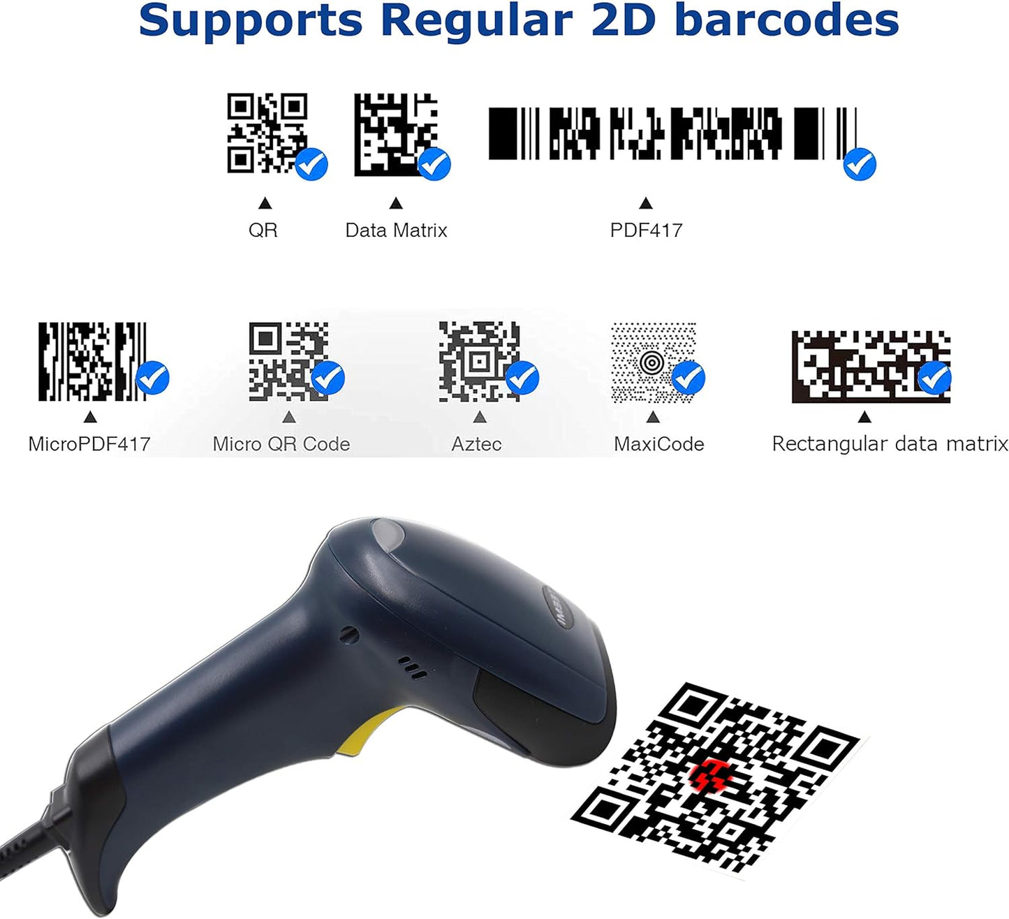 TEEMI T26N-AU 2D QR Barcode Scanner, USB Wired Virtual COM Port Handheld Omnidirectional Scanning, Digital Coupon Screen Code Driver License Scan for Mac OS and Android with OTG Adapter, Window PC, Linux