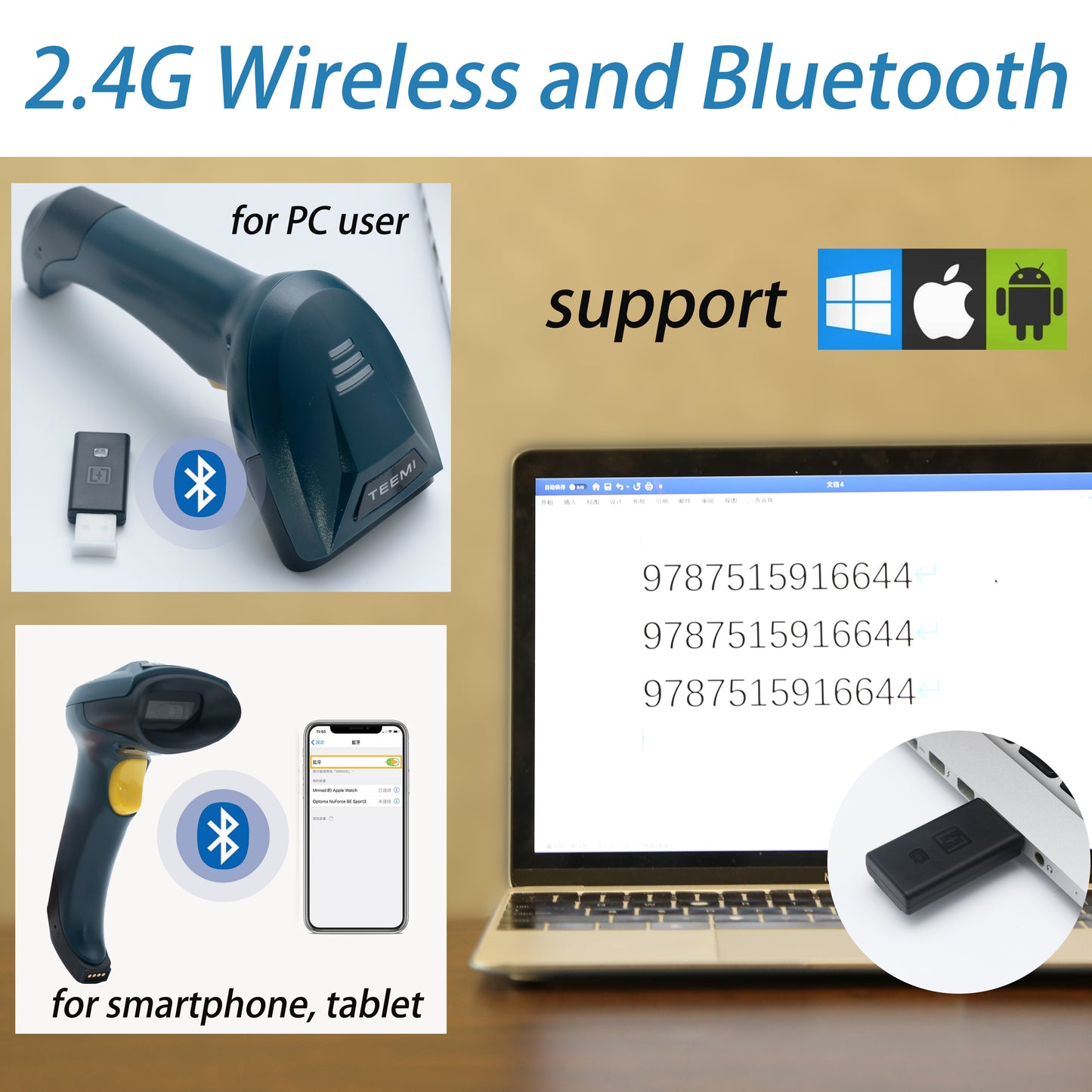 TEEMI TMSL-58 Bluetooth Barcode Scanner 2.4G Wireless USB Handheld Portable CCD Image Reader, 1D Screen Scanning for Windows iOS iPhone iPad Mac Anroid Smartphone Tablets
