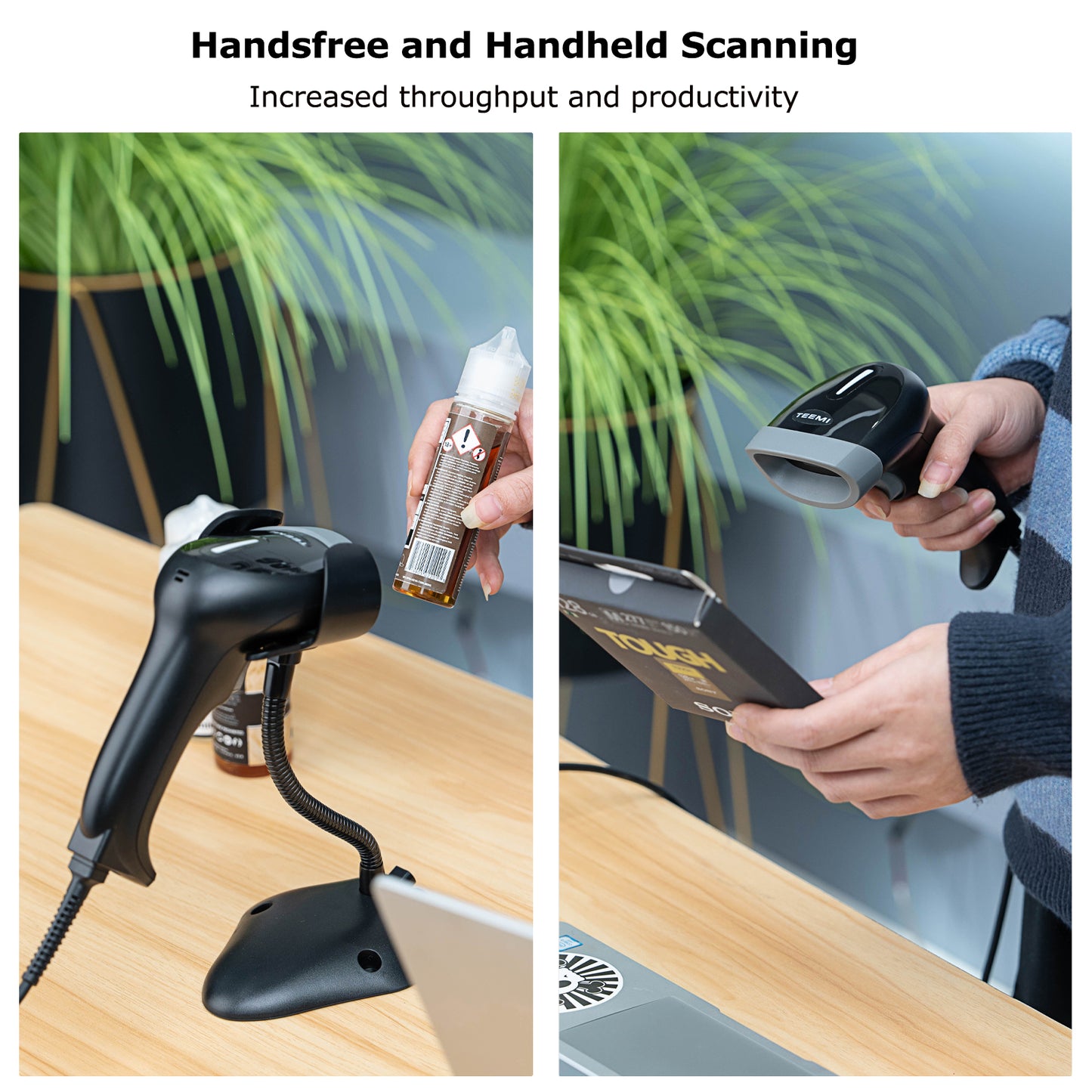 TEEMI TMSL-77 Barcode Scanner with Stand USB Wired Inventory 2D 1D QR Code Scanners for Computer POS Support Handsfree Mode, Handheld CMOS Imager Bar Code Reader for Retail Hospitality Office