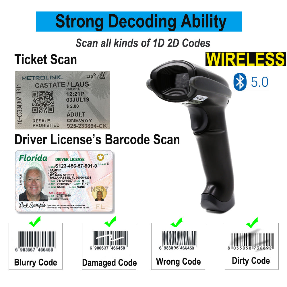 TEEMI TMSL-55CR 1D 2D Bluetooth Barcode Scanner with USB Cradle Data Receiver Charge Station, QR Wireless Automatic Omnidirectional Screen Scanning Driver's License, Digital Coupon, Postal and OCR Code