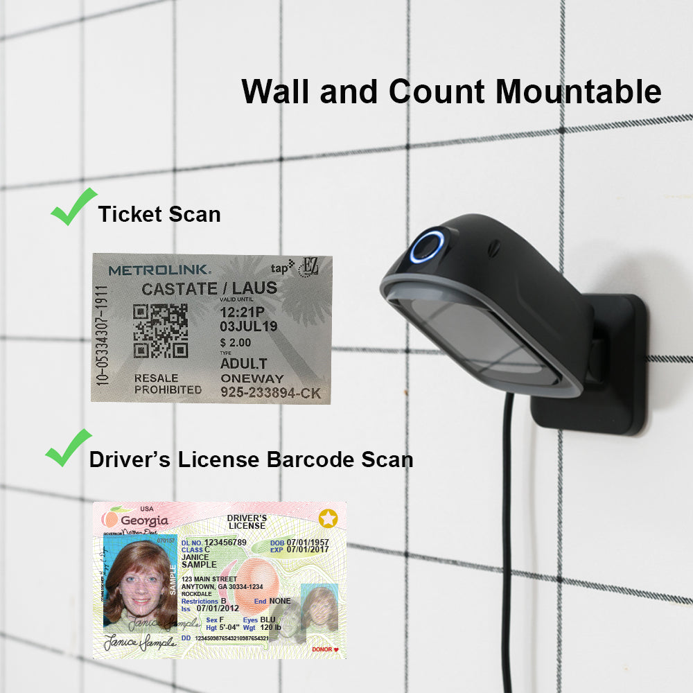 TEEMI TMSL-72 Handsfree 2D QR Desktop Barcode Scanner, 1D Handheld Automatic Omnidirectional USB Reader CMOS Image Sensor, Wall Mountable Large Scanning Window Capture Screen Codes