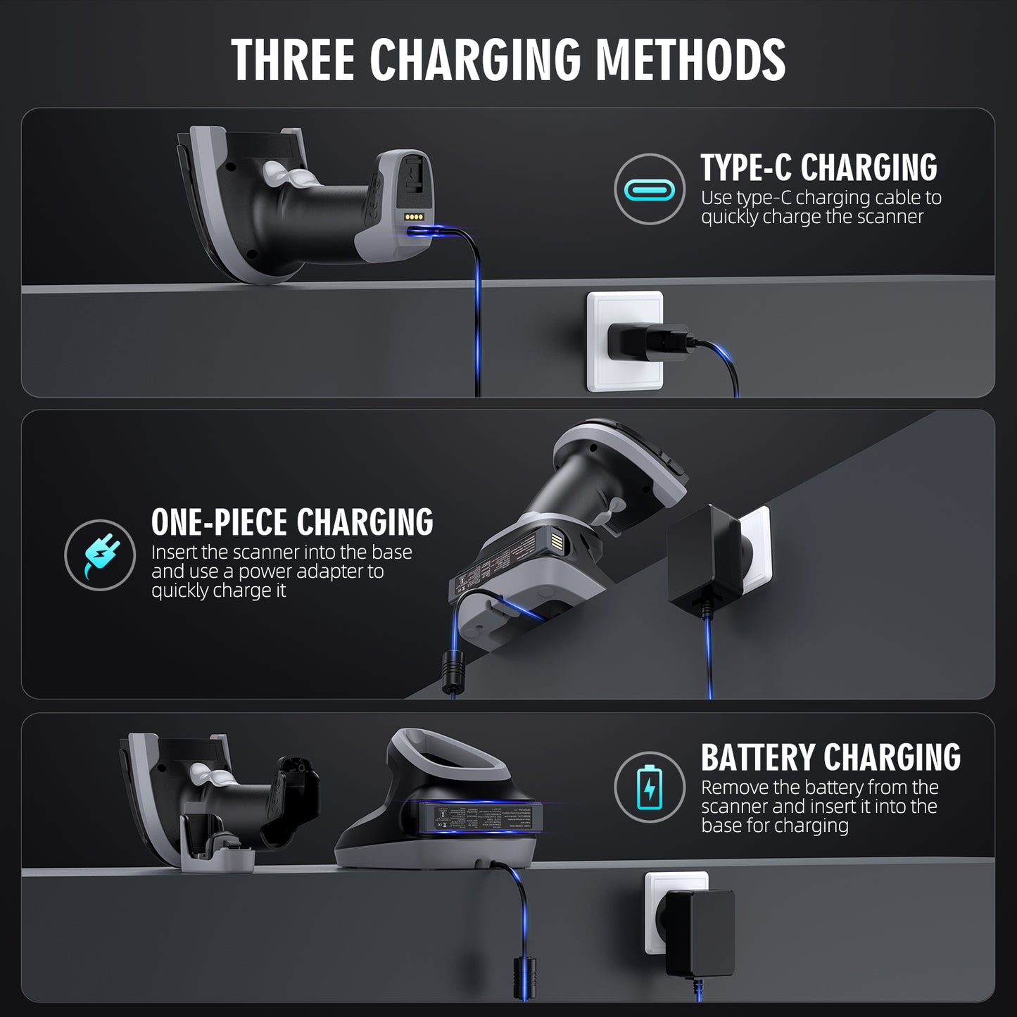 TEEMI TMSL-59CR 1D 2D Bluetooth Barcode Scanner with USB Cradle and One Spare Battery, High-Resolution Megapixel Sensor Industrial Rugged Design, Vibration, Powerful Data Parsing