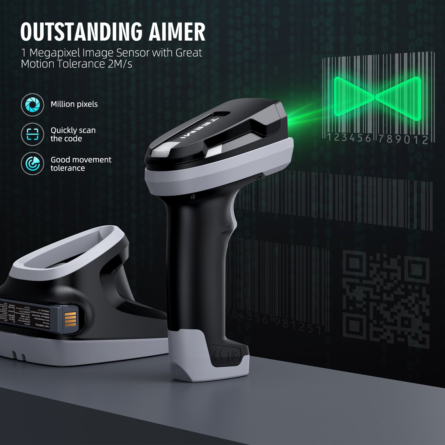 TEEMI TMSL-59CR 1D 2D Bluetooth Barcode Scanner with USB Cradle and One Spare Battery, High-Resolution Megapixel Sensor Industrial Rugged Design, Vibration, Powerful Data Parsing