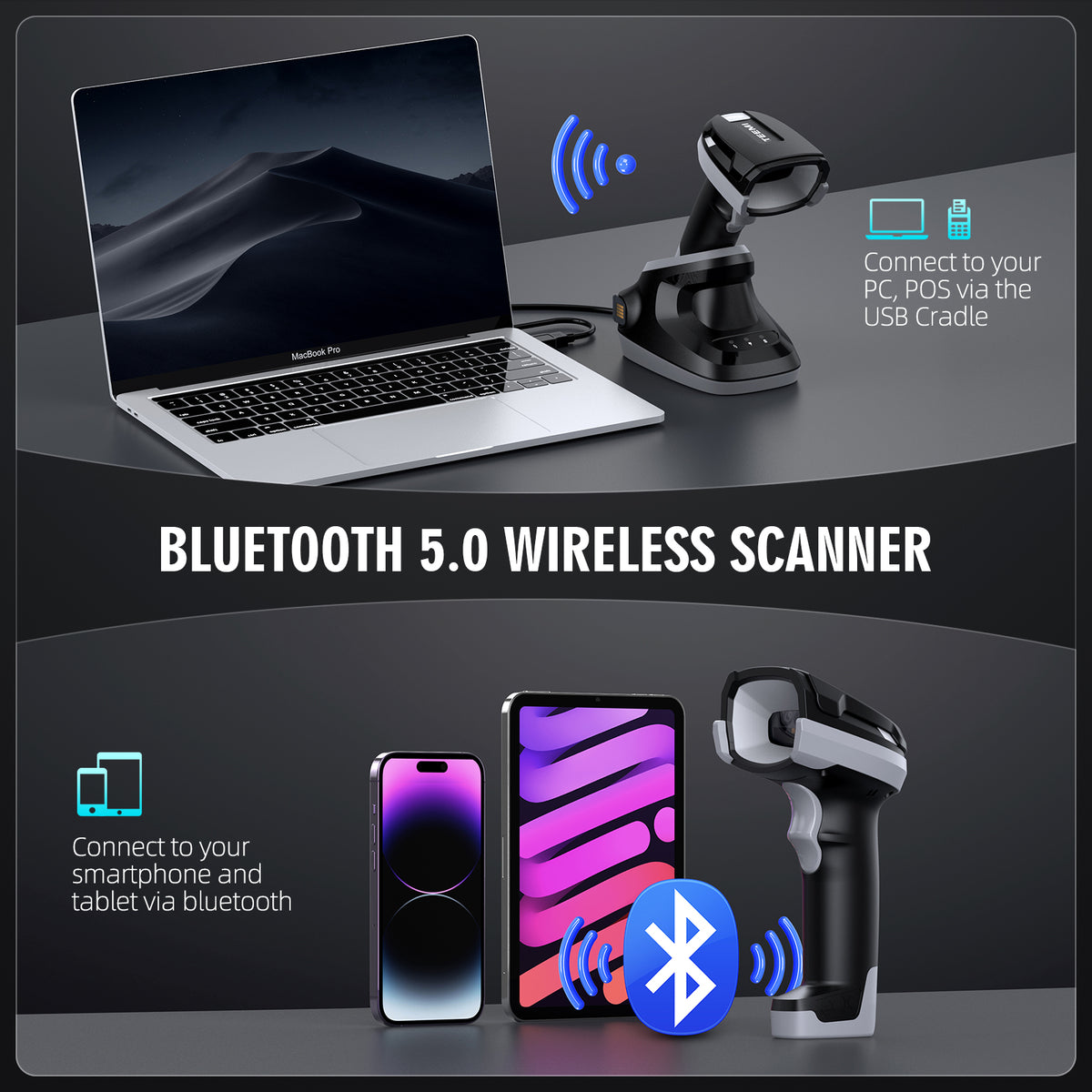 TEEMI TMSL-59CR 1D 2D Bluetooth Barcode Scanner with USB Cradle and On ...