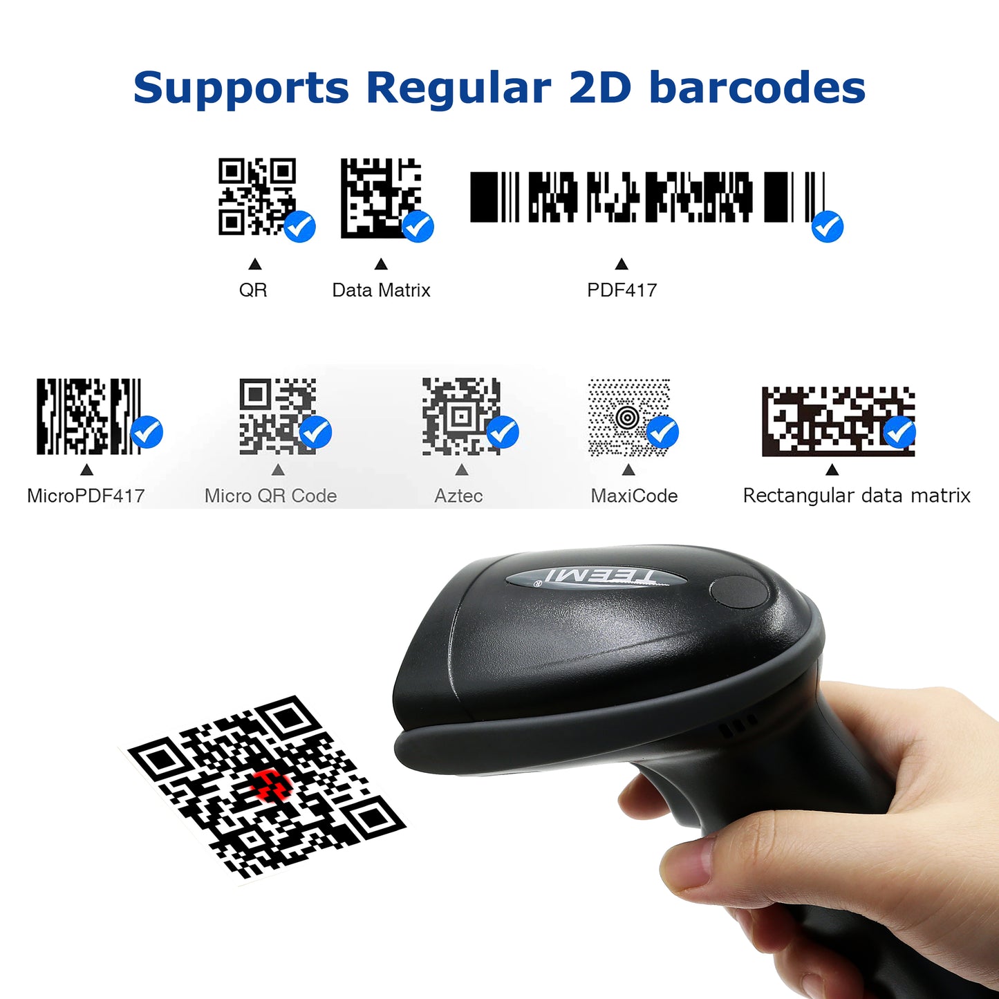 Case of 20, TEEMI TMSL-55CR 2D Bluetooth Barcode Scanner with USB Cradle, Handheld Handsfree Automatic Screen Scanning Scan QR Datamatrix PDF417 Postal and OCR Codes