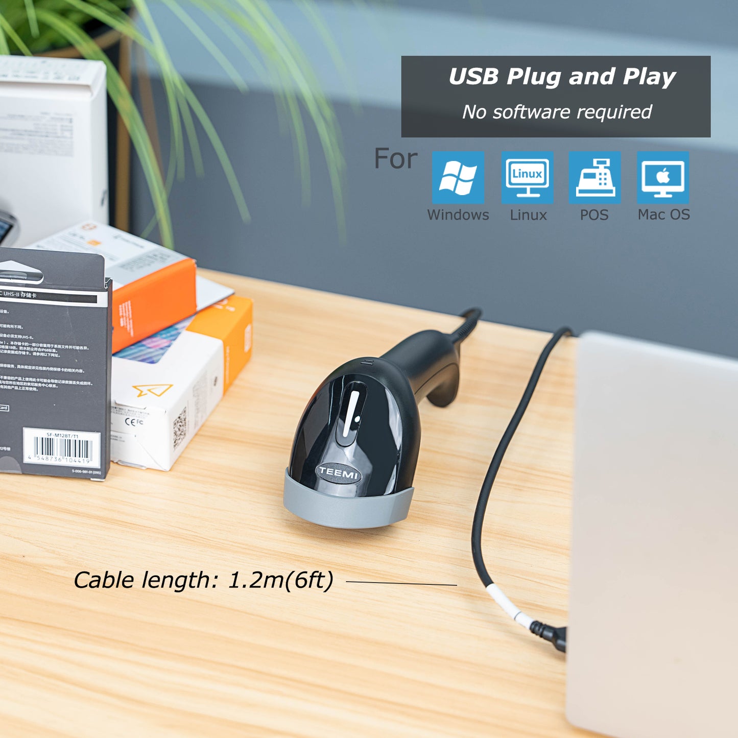 TEEMI TMSL-77 Barcode Scanner with Stand USB Wired Inventory 2D 1D QR Code Scanners for Computer POS Support Handsfree Mode, Handheld CMOS Imager Bar Code Reader for Retail Hospitality Office