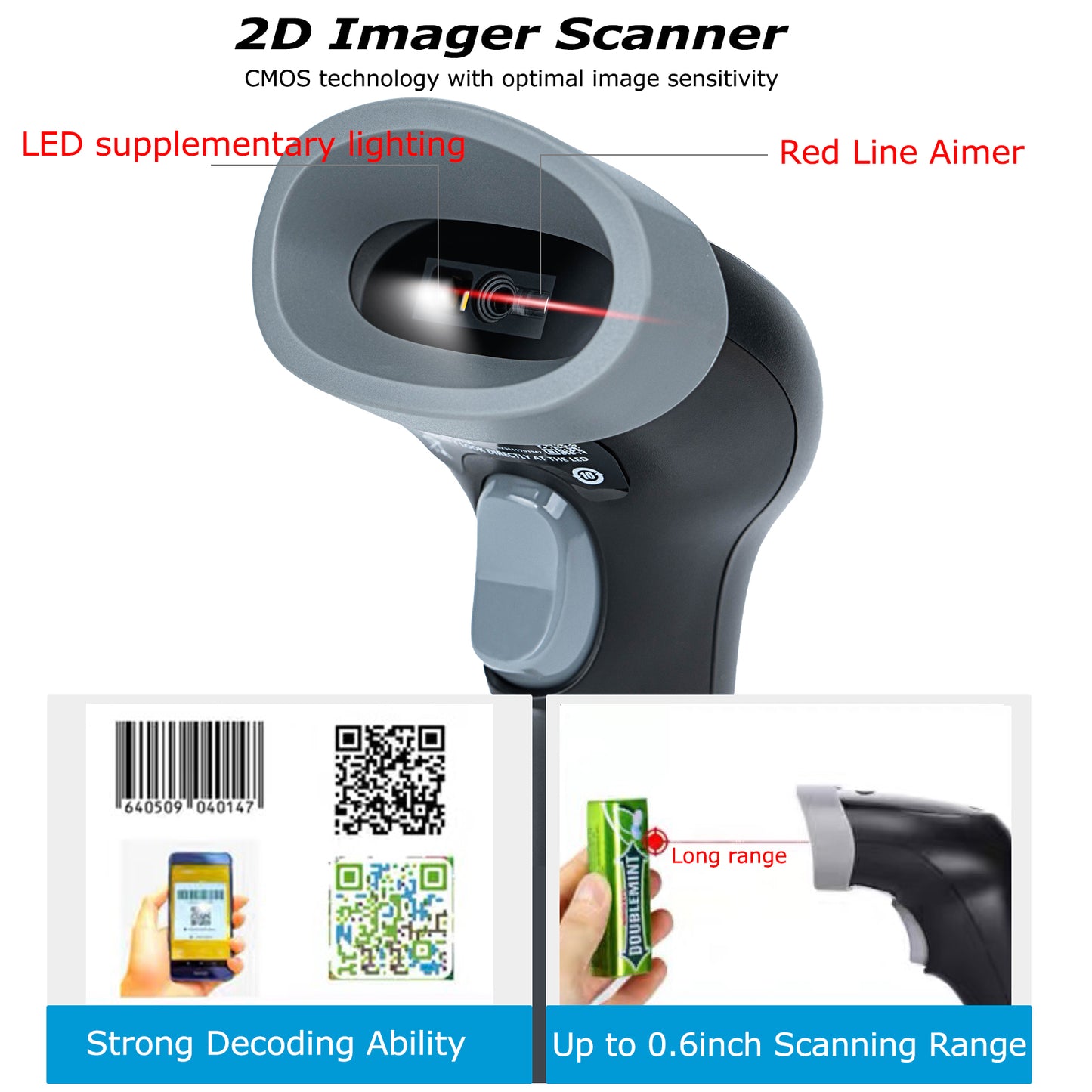 TEEMI TMSL-77 Barcode Scanner with Stand USB Wired Inventory 2D 1D QR Code Scanners for Computer POS Support Handsfree Mode, Handheld CMOS Imager Bar Code Reader for Retail Hospitality Office