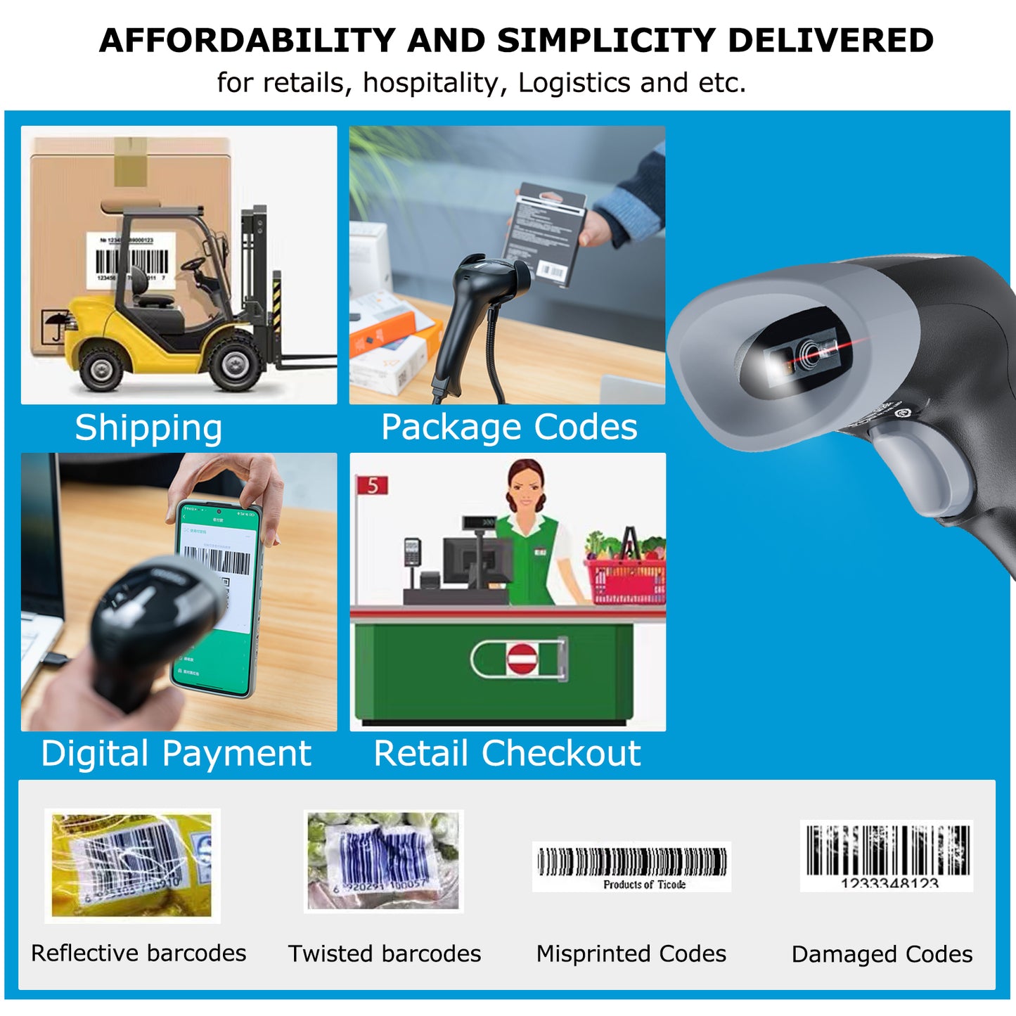 TEEMI TMSL-77 Barcode Scanner with Stand USB Wired Inventory 2D 1D QR Code Scanners for Computer POS Support Handsfree Mode, Handheld CMOS Imager Bar Code Reader for Retail Hospitality Office