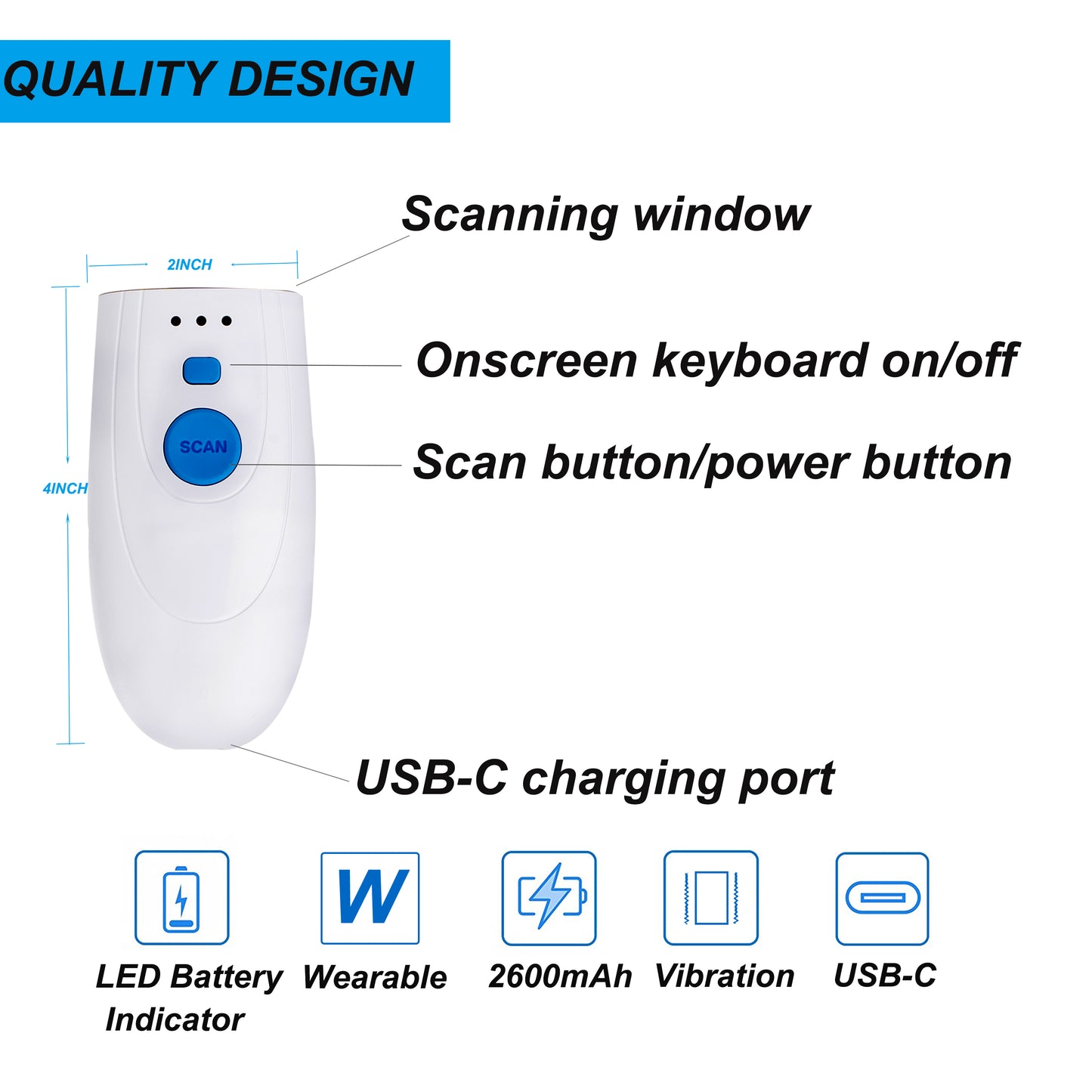TEEMI TMSL-54CR Bluetooth Barcode Scanner with Charging Dock Data Receiver, Neck Wrist Lanyard Portable Wireless 2D QR Bar Code Reader for Tablet iPhone iPad Android iOS (White)